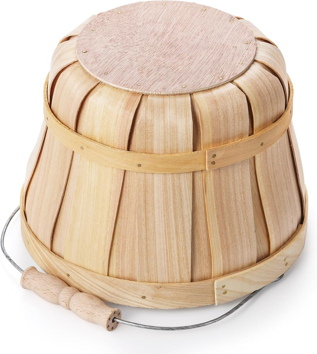 Okllen 2 Pack Round Wooden Baskets with Handle, Empty Wood Fruit Buckets, Easter Basket Fall Harvest Basket for Display
