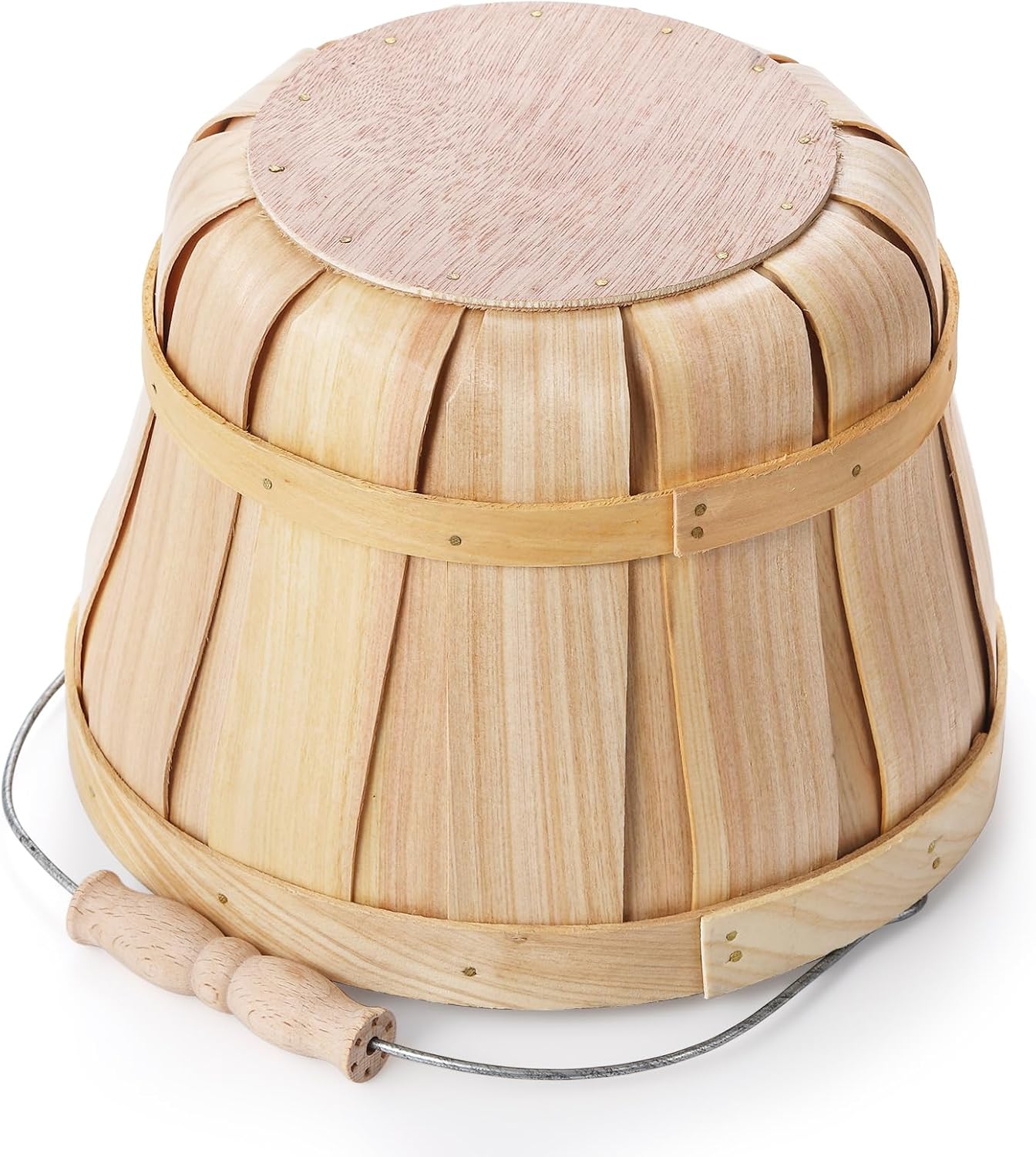 Okllen 2 Pack Round Wooden Baskets with Handle, Empty Wood Fruit Buckets, Easter Basket Fall Harvest Basket for Display