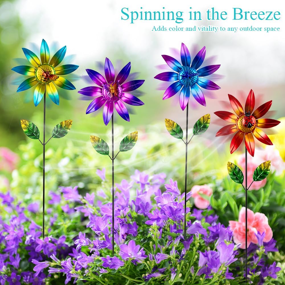 4 Packs Wind Spinner Outdoor, Pinwheels for Yard and Garden, Metal Flower Decorative Garden Stakes for Lawn Patio Porch