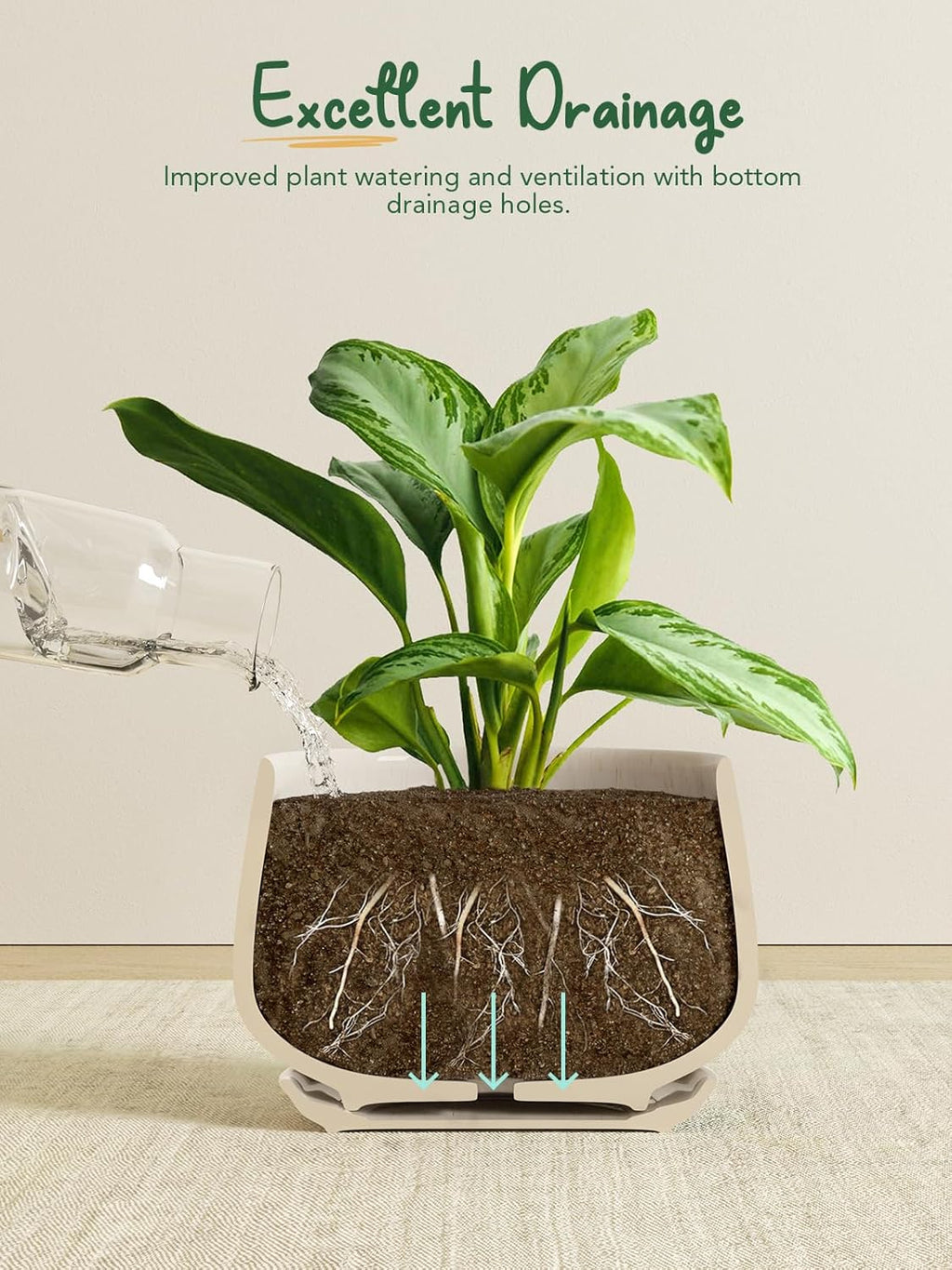 LE TAUCI Plant Pots, 4.1+5.1+6.5 inch, Set of 3, Ceramic Planters with Drainage Hole and Saucer, Indoor Flower Pot with