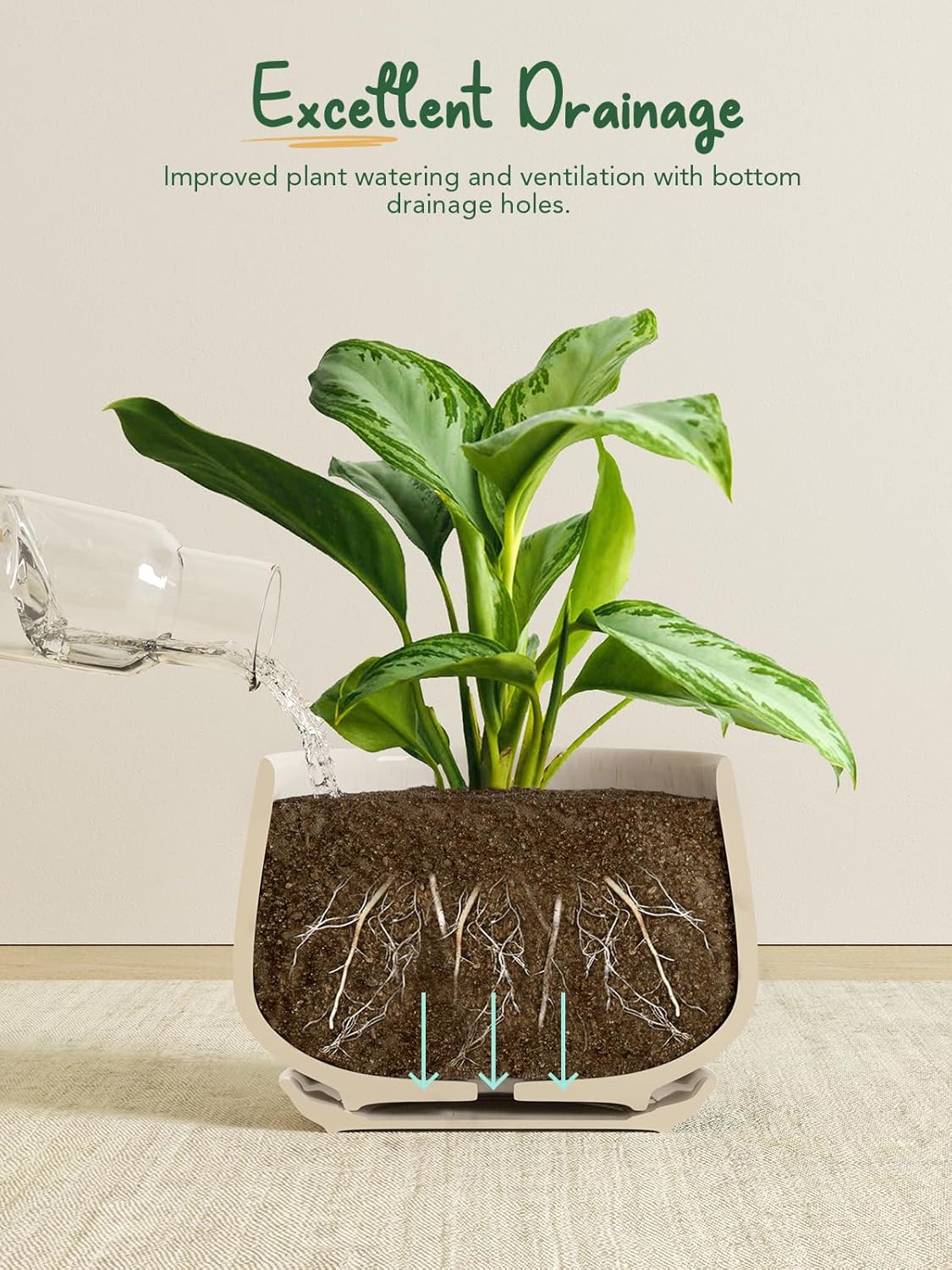 LE TAUCI Plant Pots, 4.1+5.1+6.5 inch, Set of 3, Ceramic Planters with Drainage Hole and Saucer, Indoor Flower Pot with