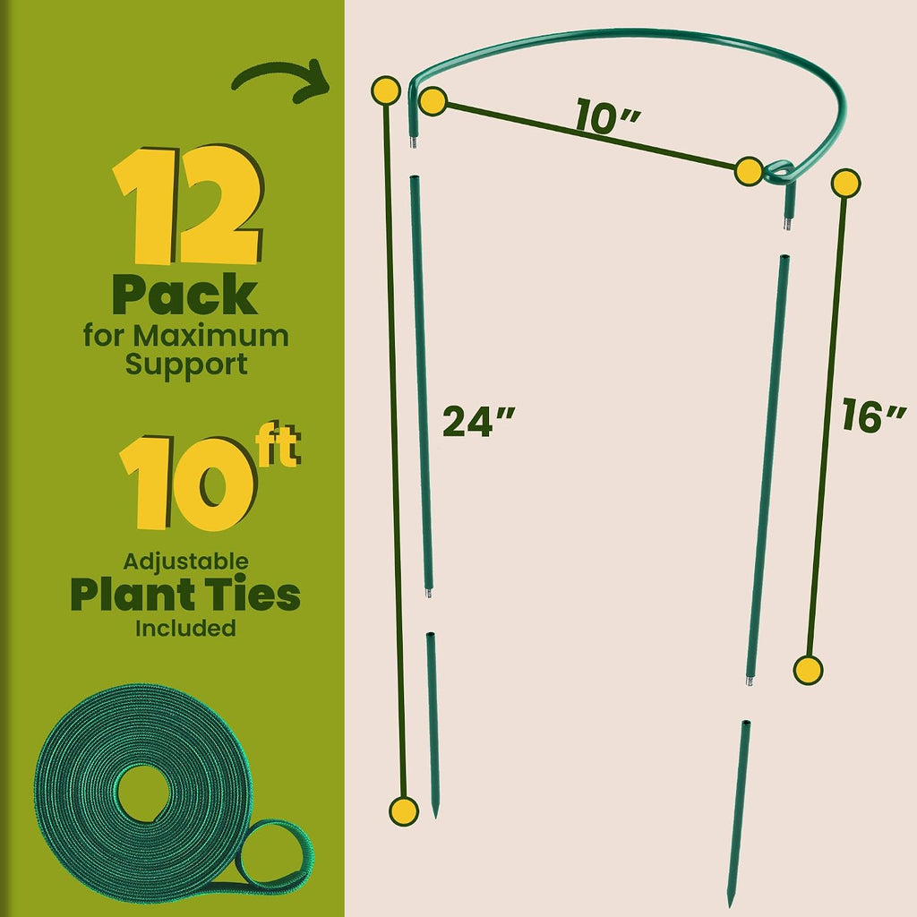 12 Pack Plant Support Stakes – Tall Plant Stakes for Indoor and Outdoor Gardens - Peony Cages and Supports - Cage Rings