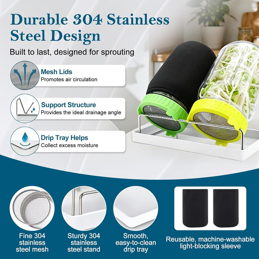 Seed Sprouting Kit, 2 Wide Mouth Mason Jars with Sprout Lids, Green Onion Regrower, Stainless Steel Stand, Drain Tray