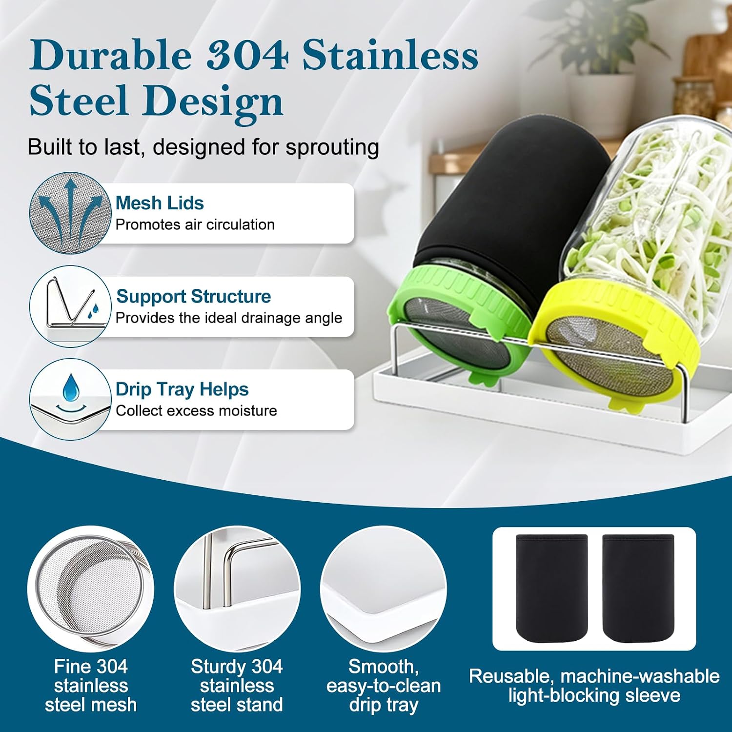 Seed Sprouting Kit, 2 Wide Mouth Mason Jars with Sprout Lids, Green Onion Regrower, Stainless Steel Stand, Drain Tray