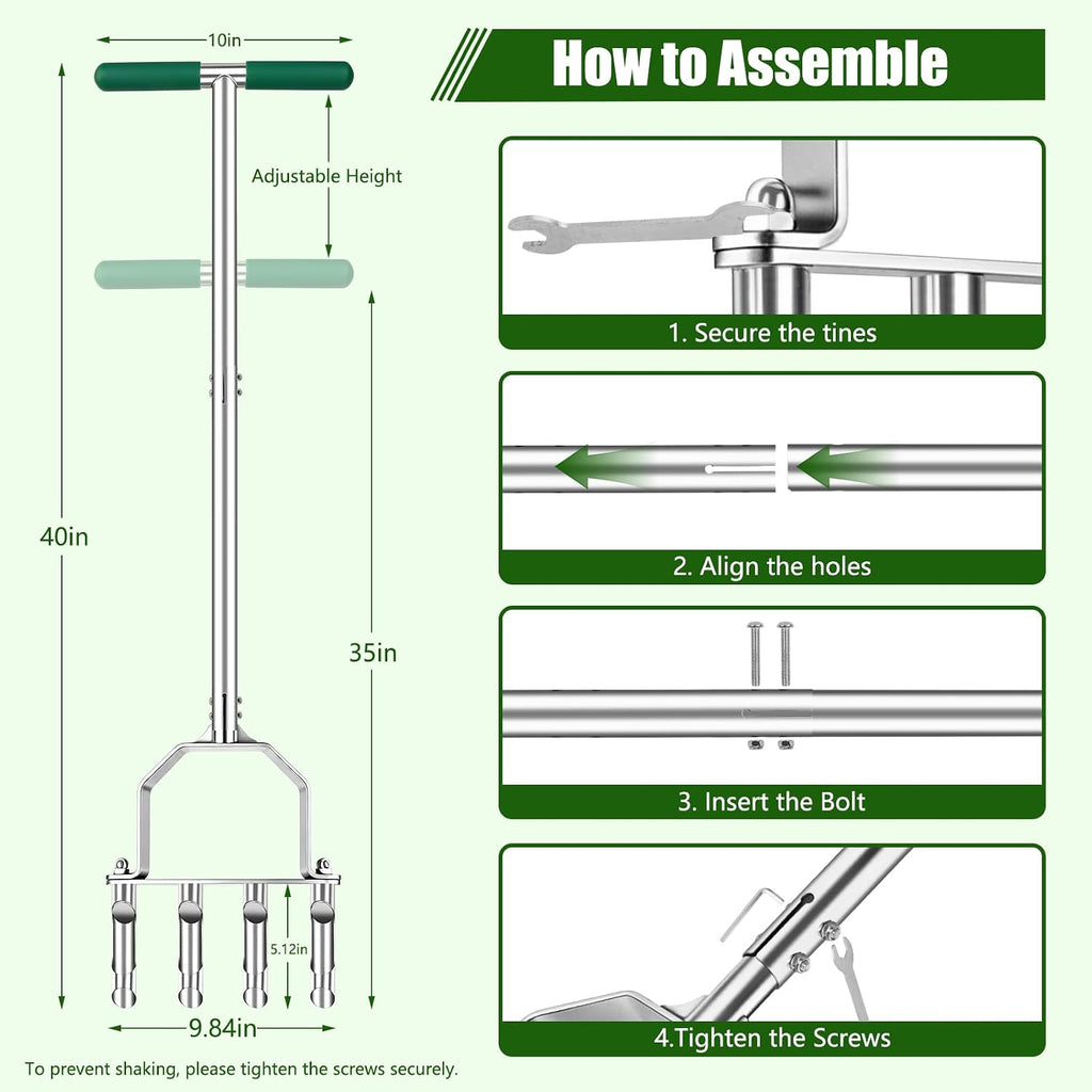 Stainless Steel Aerator Lawn Tool, Manual Core Aerator with 4 Hollow Tines | Heavy Duty Grass Aerator, Anti-Clogging