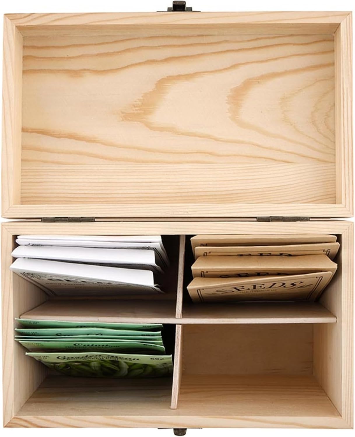 Santa Barbara Design Studio Seed Storage Box with 4 Dividers Wooden Storage Organizer, 7.75" x 4.5" x 5.5", Live Love