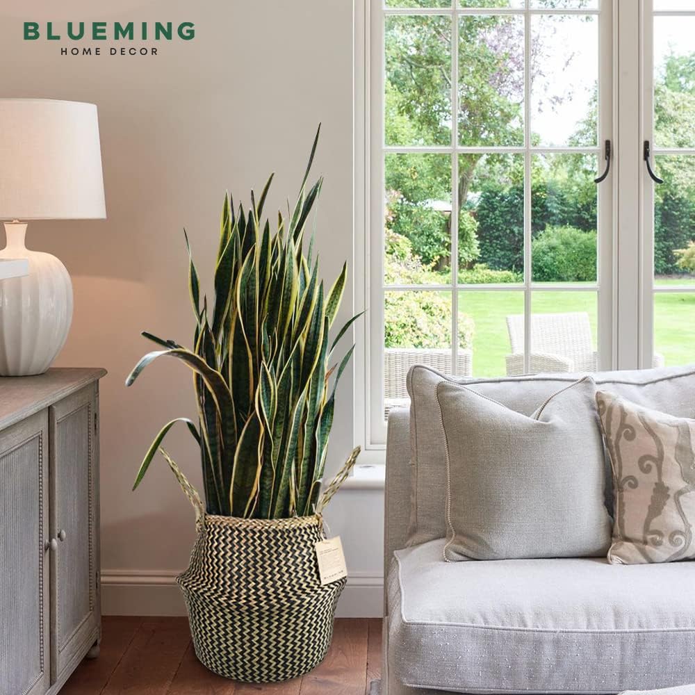 Blueming Home Wicker Plant Basket – Large Seagrass Floor Pot for Faux Olive Tree or Snake Plant, Black Decorative Woven