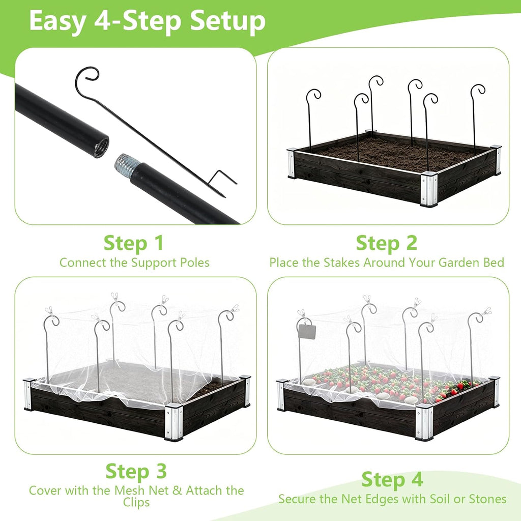 Garden Netting Kit for Raised Beds, 10 x 13 FT Ultra Fine Insect Mesh with 8 Upgraded Hook-Top Stakes & 20 Clips, Plant