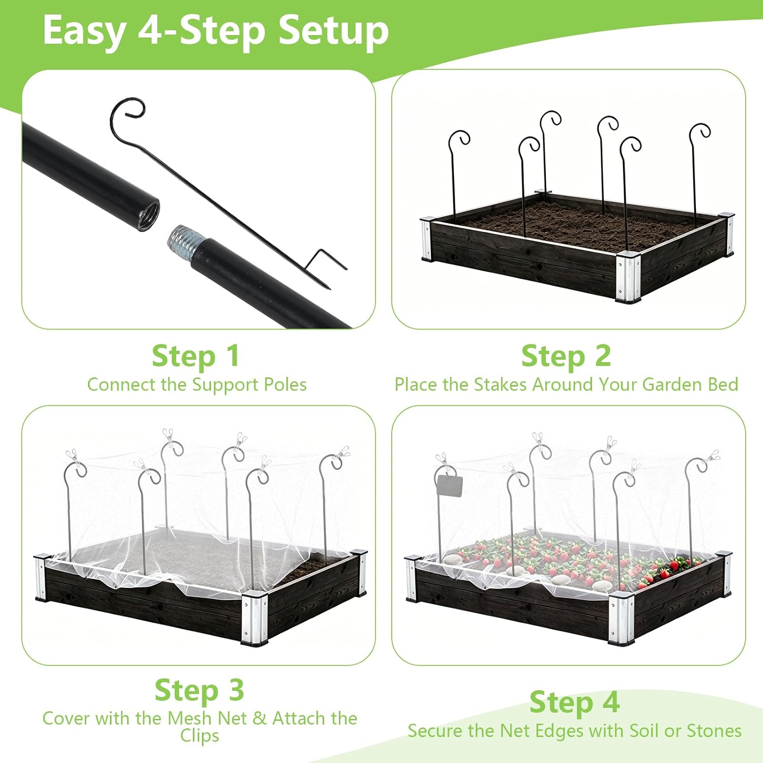Garden Netting Kit for Raised Beds, 10 x 13 FT Ultra Fine Insect Mesh with 8 Upgraded Hook-Top Stakes & 20 Clips, Plant