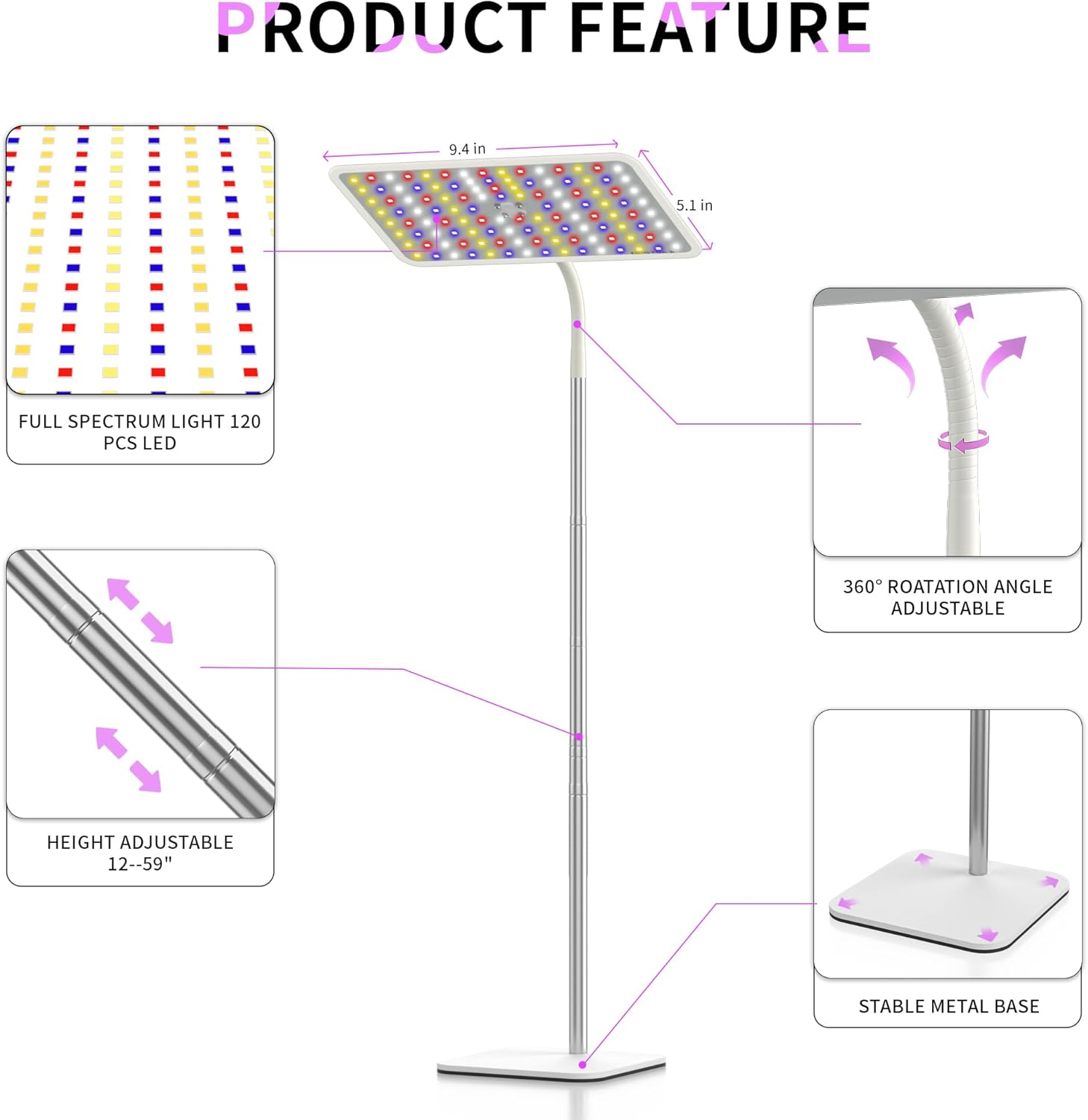 18W Grow Lights for Indoor Plants with Stand, Full Spectrum LED Plant Light for Indoor Plants,12-59 Inches Height