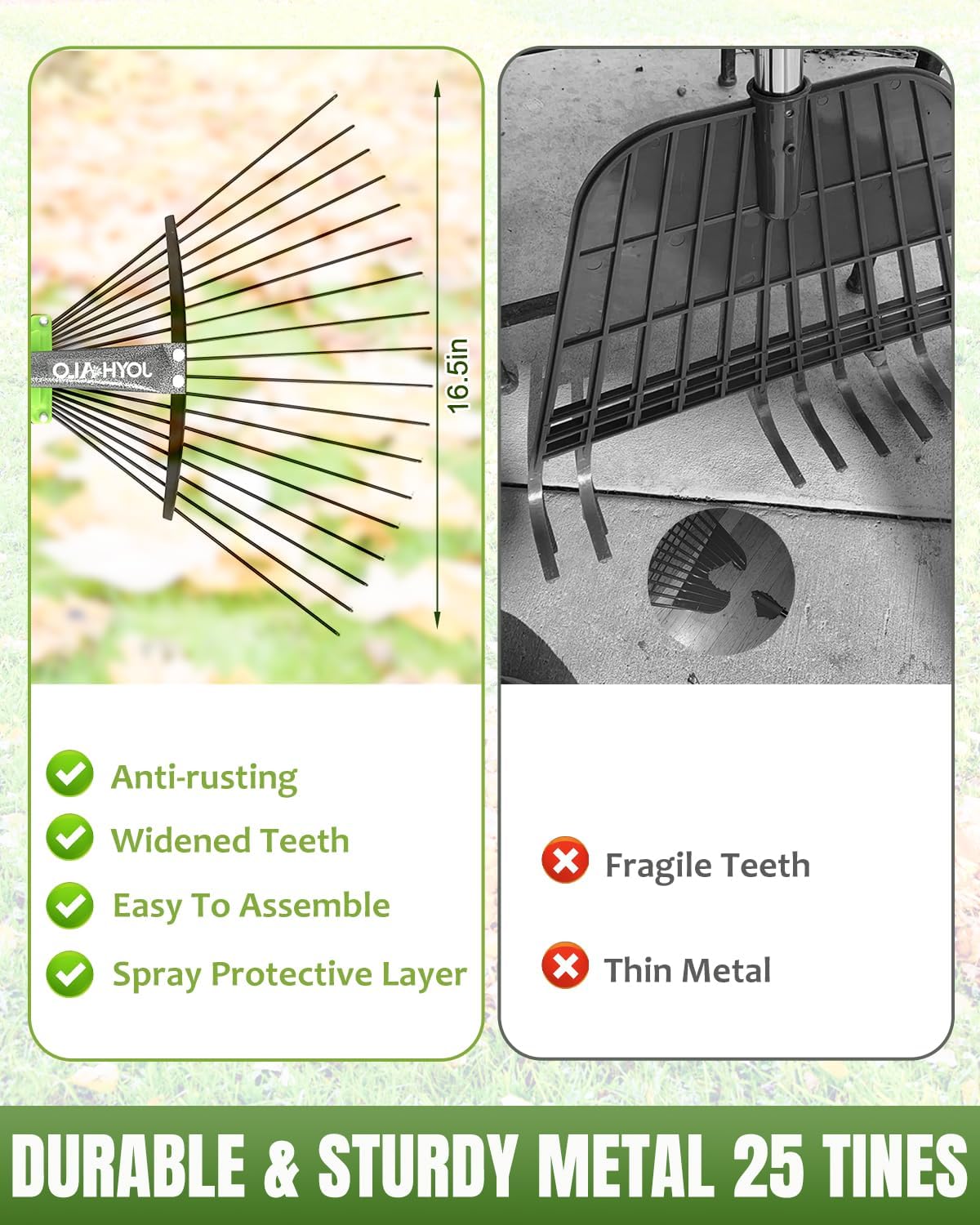 63.4 Inch Adjustable 18 Tines Metal Leaf Rake Set with 40 Gal Dustpan Bags | Adjustable garden rake, Leaf scoop set