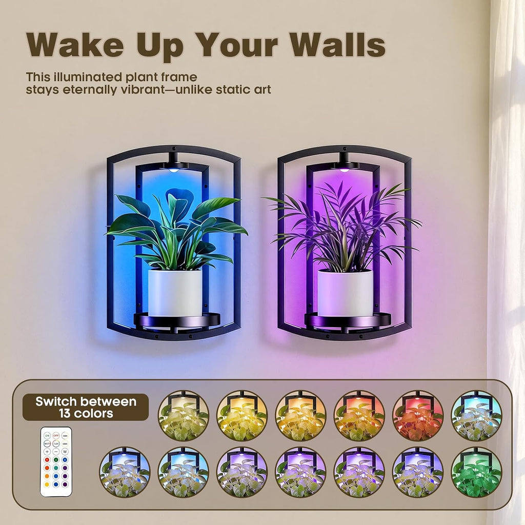 Aisdan Wall Plant Holder, Wall Planters for Indoor Plants with Wireless Remote Lights, Frame Plant Wall Shelves Wall