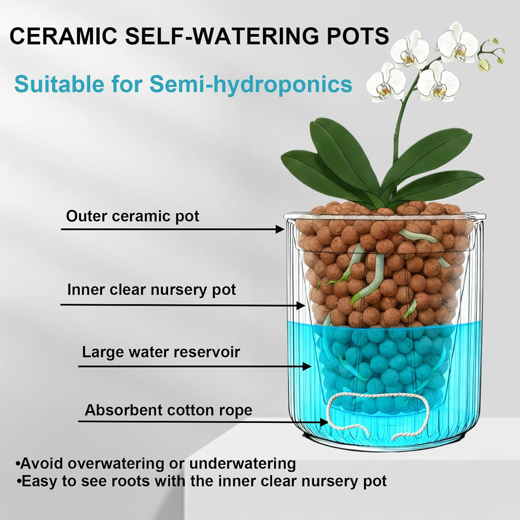 Orchid Pot,Ceramic Plant Pot with Clear Pot,5 inch,White,2pack | self watering,Dual-Pot System,Root Visibility,Flexible