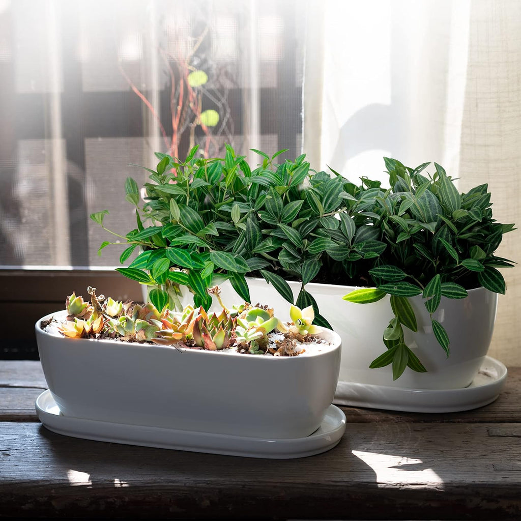 E-liu 11+14 inch Ceramic Plant Pots with Drainage Holes Saucers, Set of 2 | Rectangular Planters Indoor Flower