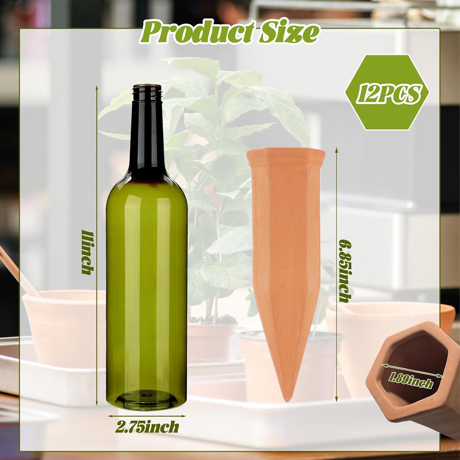 TINSKY 6 Sets Plant Watering Devices Terracotta Self Watering Spikes and 26 Oz Plastic Green Bottles Slow Release