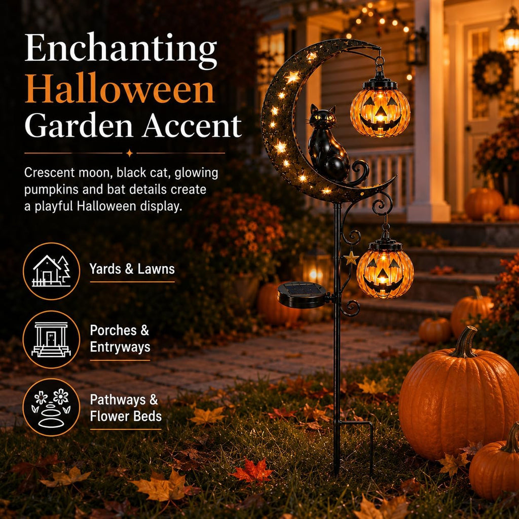 Solar Halloween Black Cat Pumpkin Moon Garden Stake Light for Outdoor Decor | Outdoor Waterproof LED Pumpkin Lights