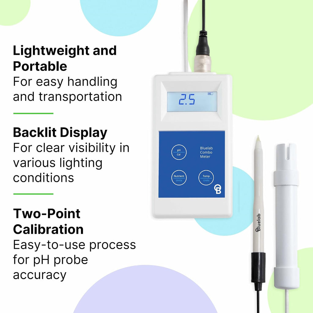 Bluelab METCOMPLUS Combo Meter Plus for pH, Temperature, and Conductivity in Water and Soil with Easy Calibration