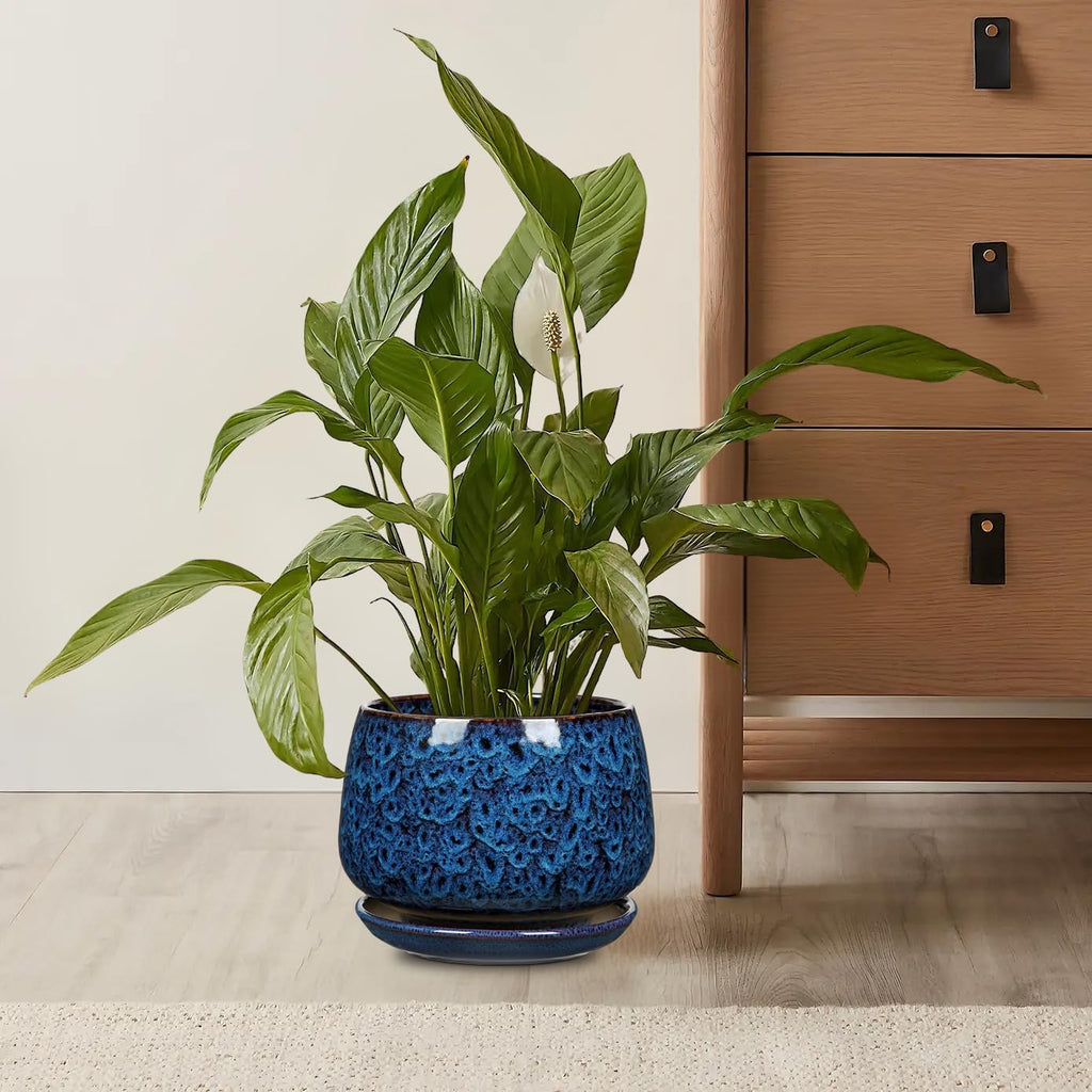 GnFlus Blue Ceramic Planter Pots with Drainage Holes, Set of 2 7''+5'' Saucers Large Round Plant Pot for Indoor-Outdoor