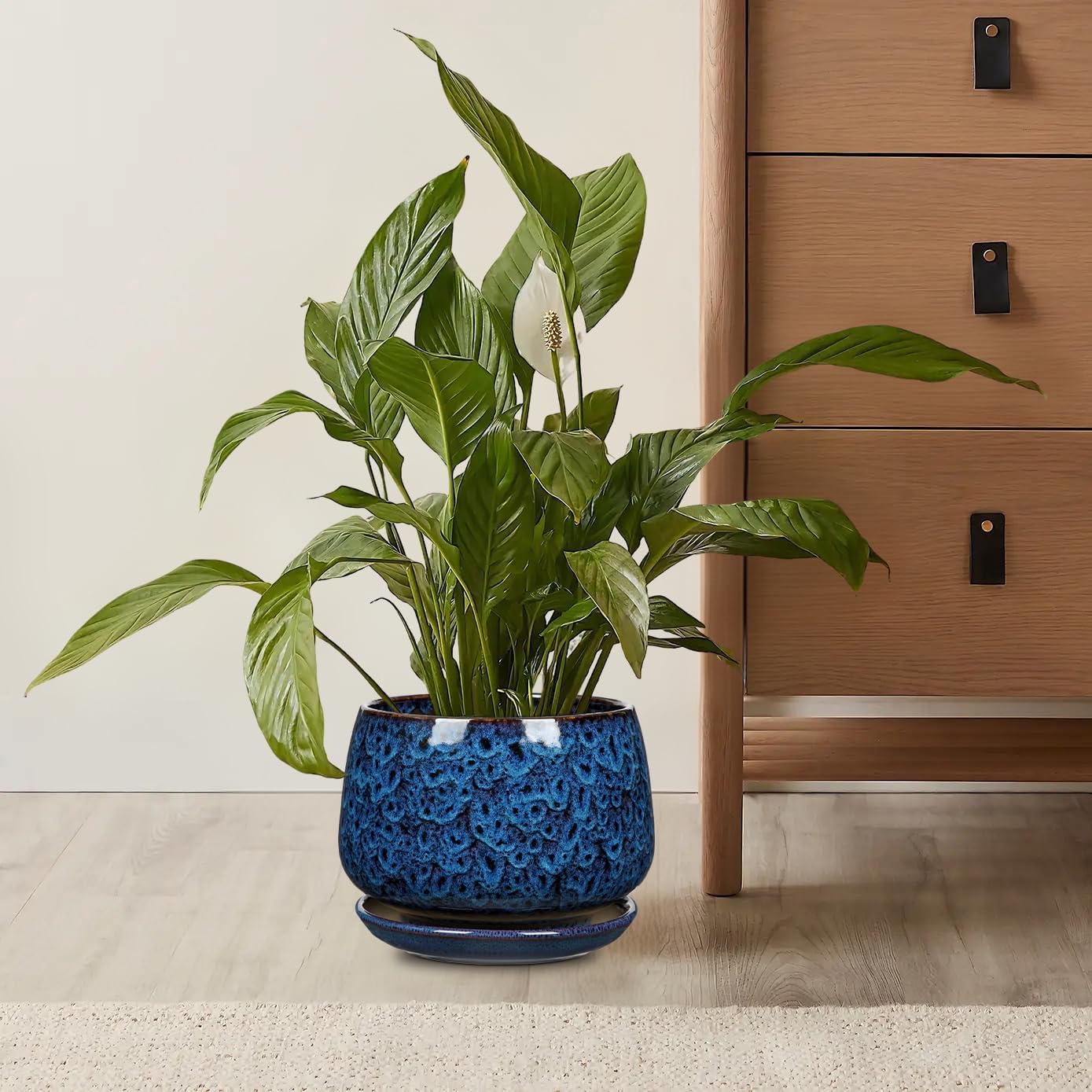 GnFlus Blue Ceramic Planter Pots with Drainage Holes, Set of 2 7''+5'' Saucers Large Round Plant Pot for Indoor-Outdoor