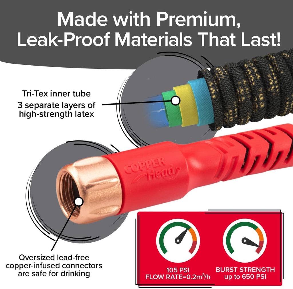 Pocket Hose 50 FT Copper Head Expandable Garden Hose, As Seen on TV | Anti-burst sleeve reinforced with bulletproof