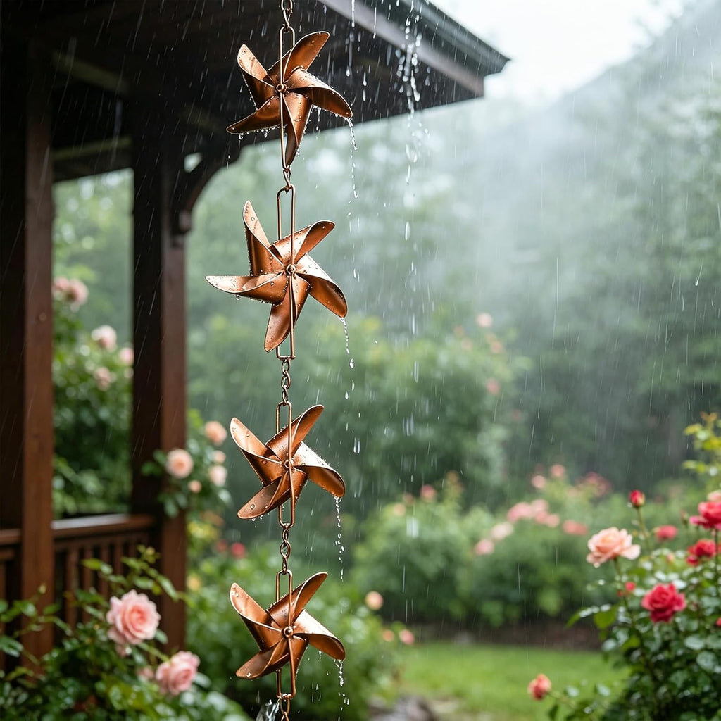6 FT Rain Chain with 6 Windmill Cups Outdoor Gutter Downspout Decor | Rain Chains for Gutters, Windmill Rain Catcher