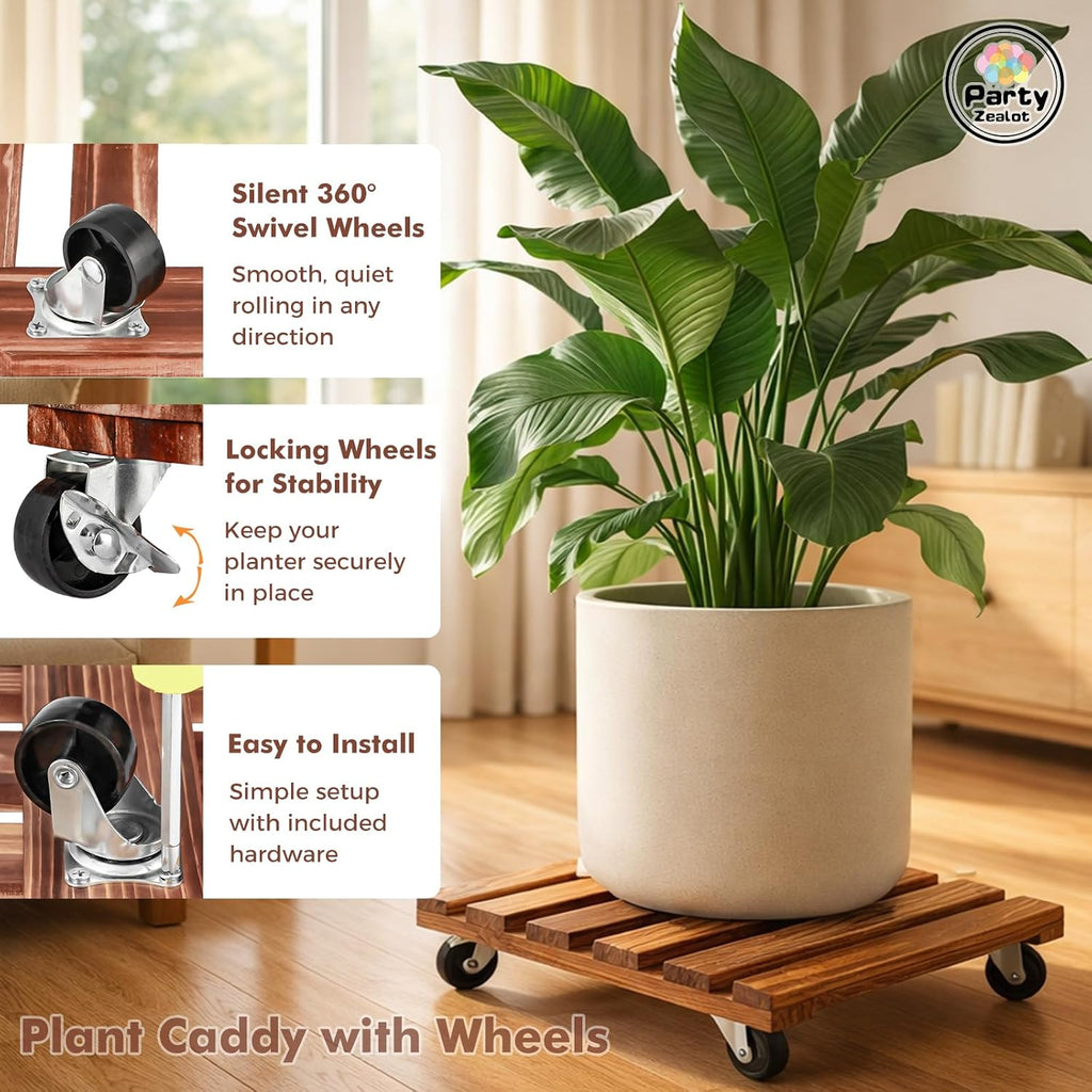 12 Inch Plant Caddy with Wheels, 4 Pack Rolling Plant Stand Rollers with Casters Wooden Plant Dolly with Wheels Heavy