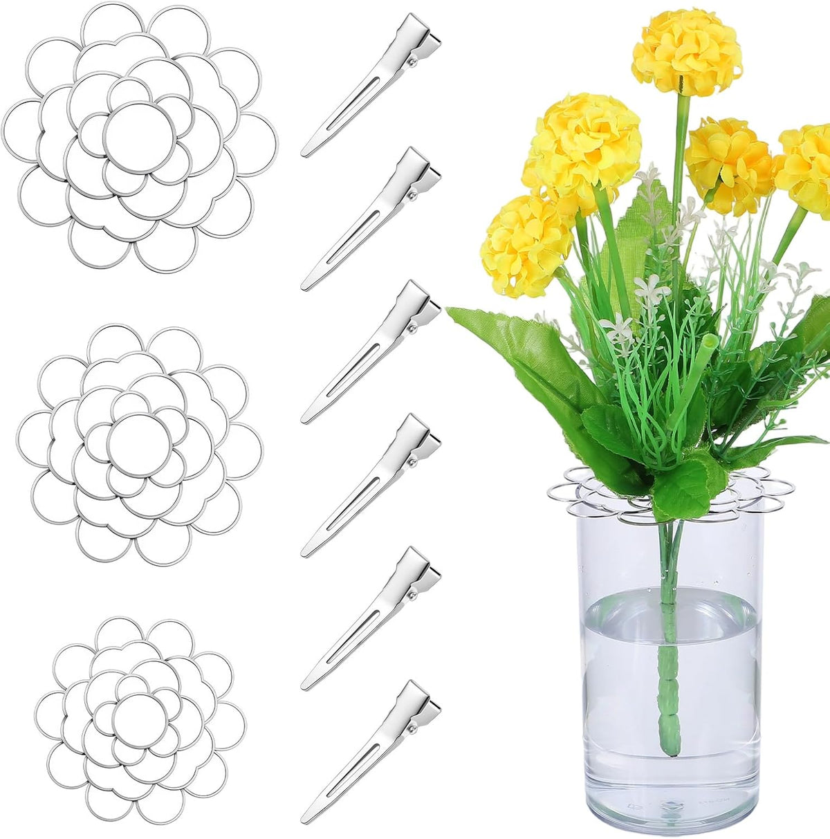 Flower Arrangement Holder, 3 Pcs Floral Grid Stainless Steel Flower Frog Wire Arranger Twist Flowers Arrangements Supplies Floral Cage for Vase Bouquet Plant Fixation DIY Home Decor (Silver)