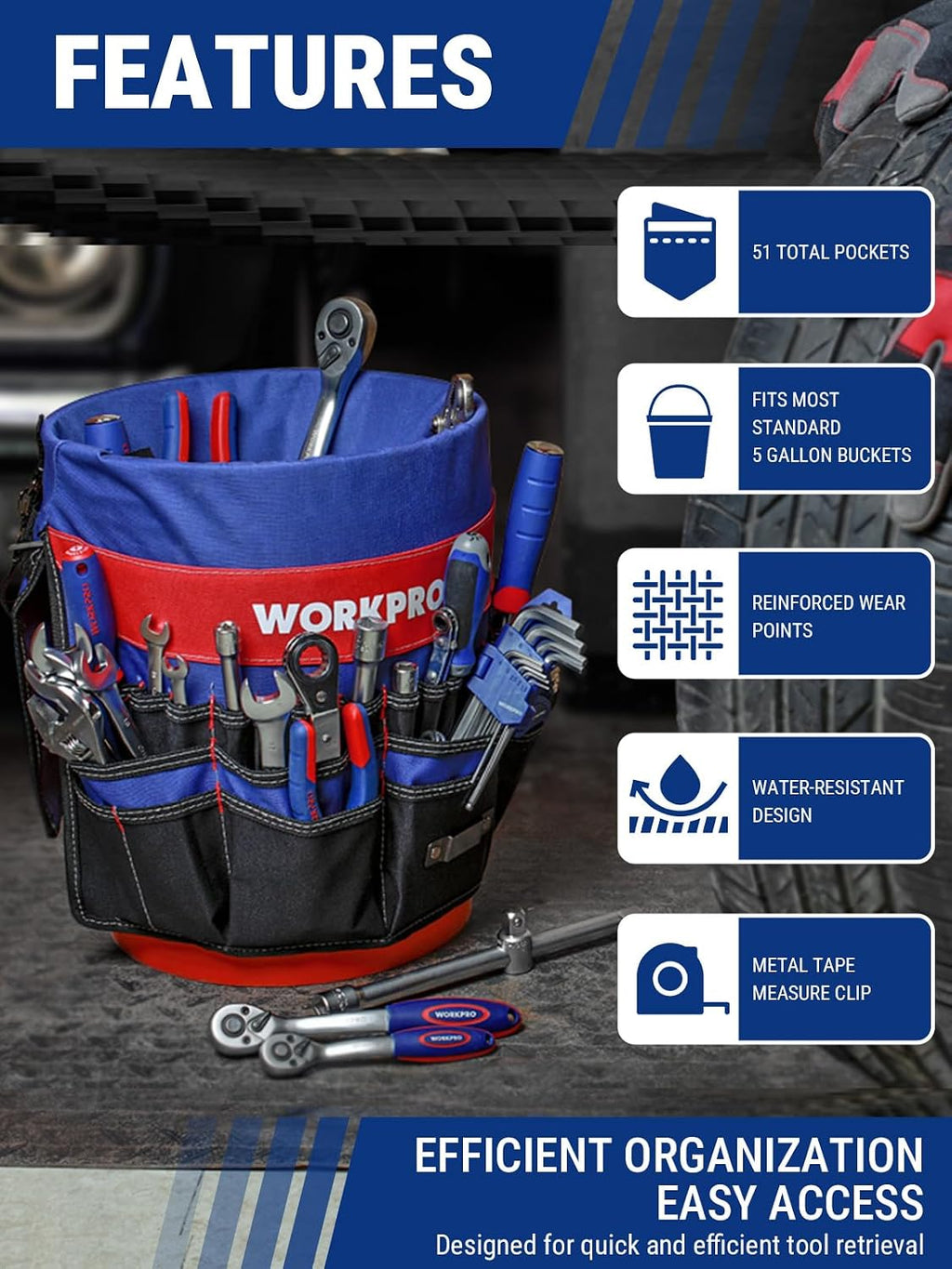 WORKPRO Bucket Tool Organizer with 51 Pockets Fits for 3.5-5 Gallon Bucket | Perfect for Garden, Construction