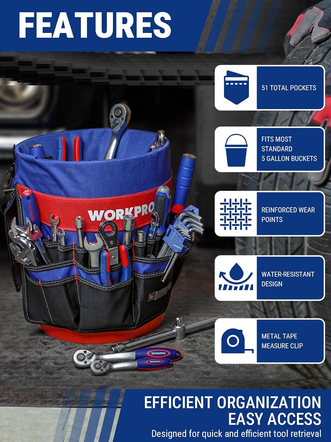 WORKPRO Bucket Tool Organizer with 51 Pockets Fits for 3.5-5 Gallon Bucket | Perfect for Garden, Construction