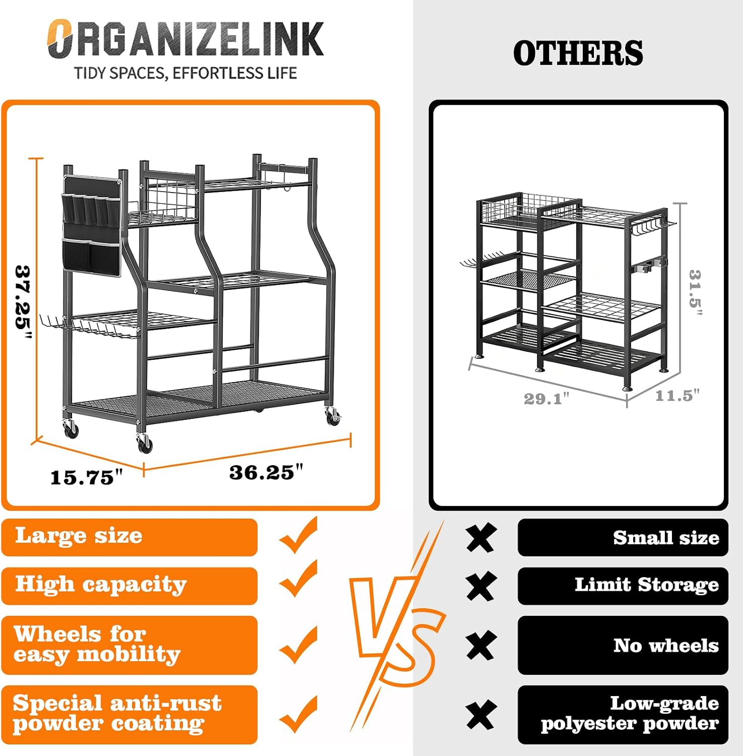 36" Large Garden Tool Organizer with Wheels & Side Tool Bag, 3 Tier Rolling Garage Storage Rack for Long Handled Rakes