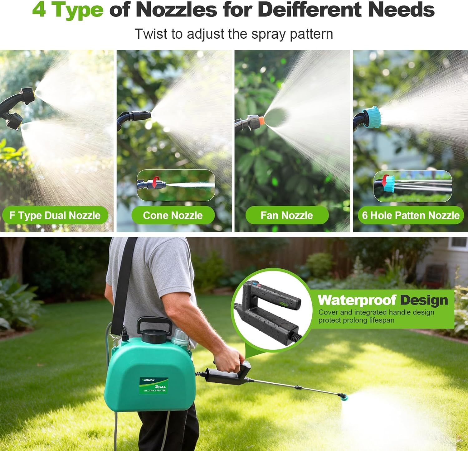 VAXMAY Battery Powered Sprayer 2 Gallon, Upgrade Electric Garden Sprayer with 3 Adjustable Speed, Battery Indicator, 4