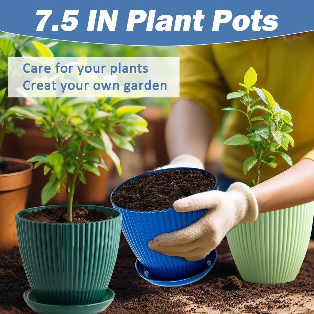 RooTrimmer 7.5 Inch Plastic Pots, 6 Pack with Drain Holes & Saucers | Drain holes and saucers block water spillage. For