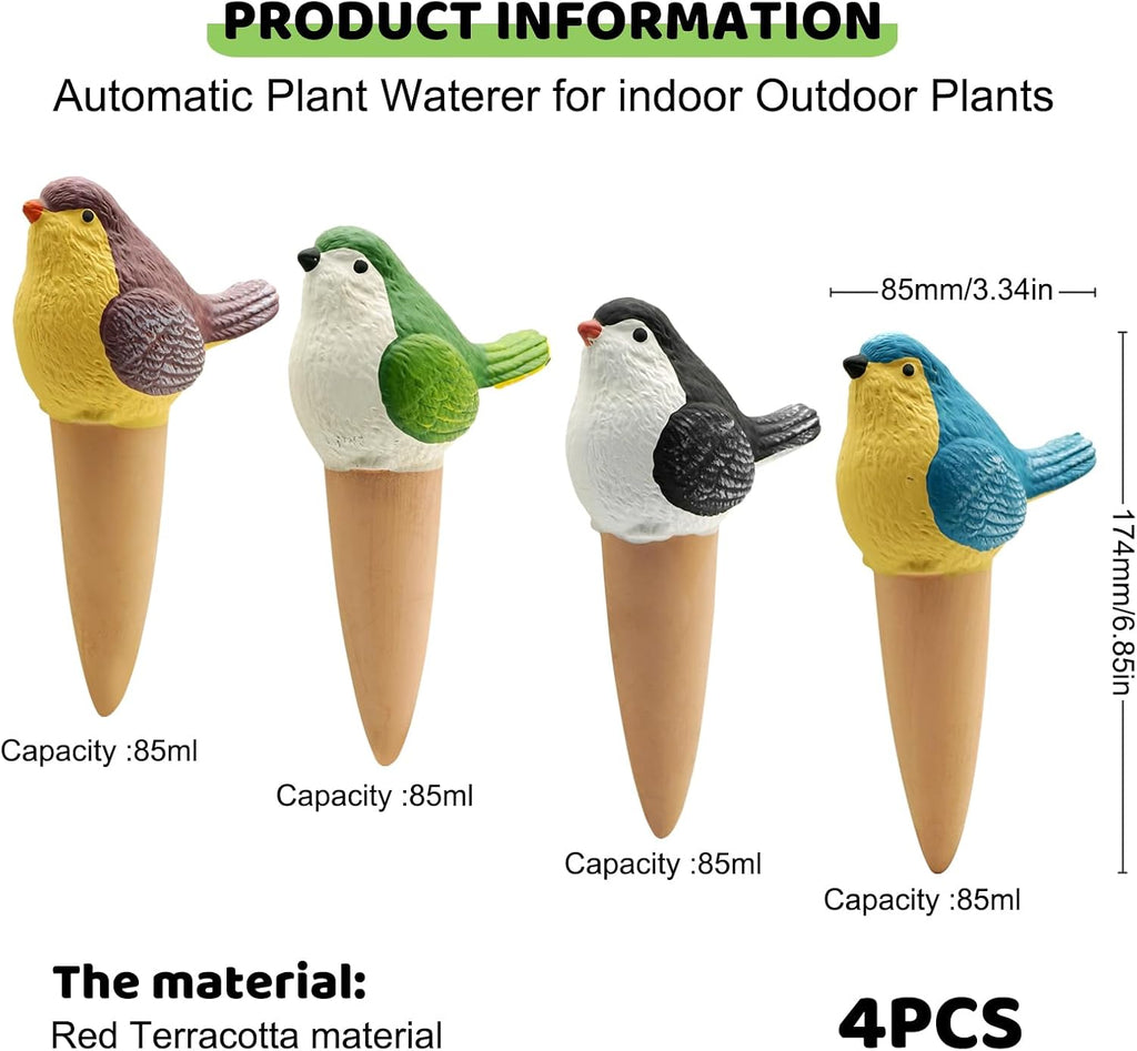 Plant Terracotta Self Watering Globes, Handmade Clay 4 Pack for Vacation | Bird-shaped handmade clay. Holds 3.2oz