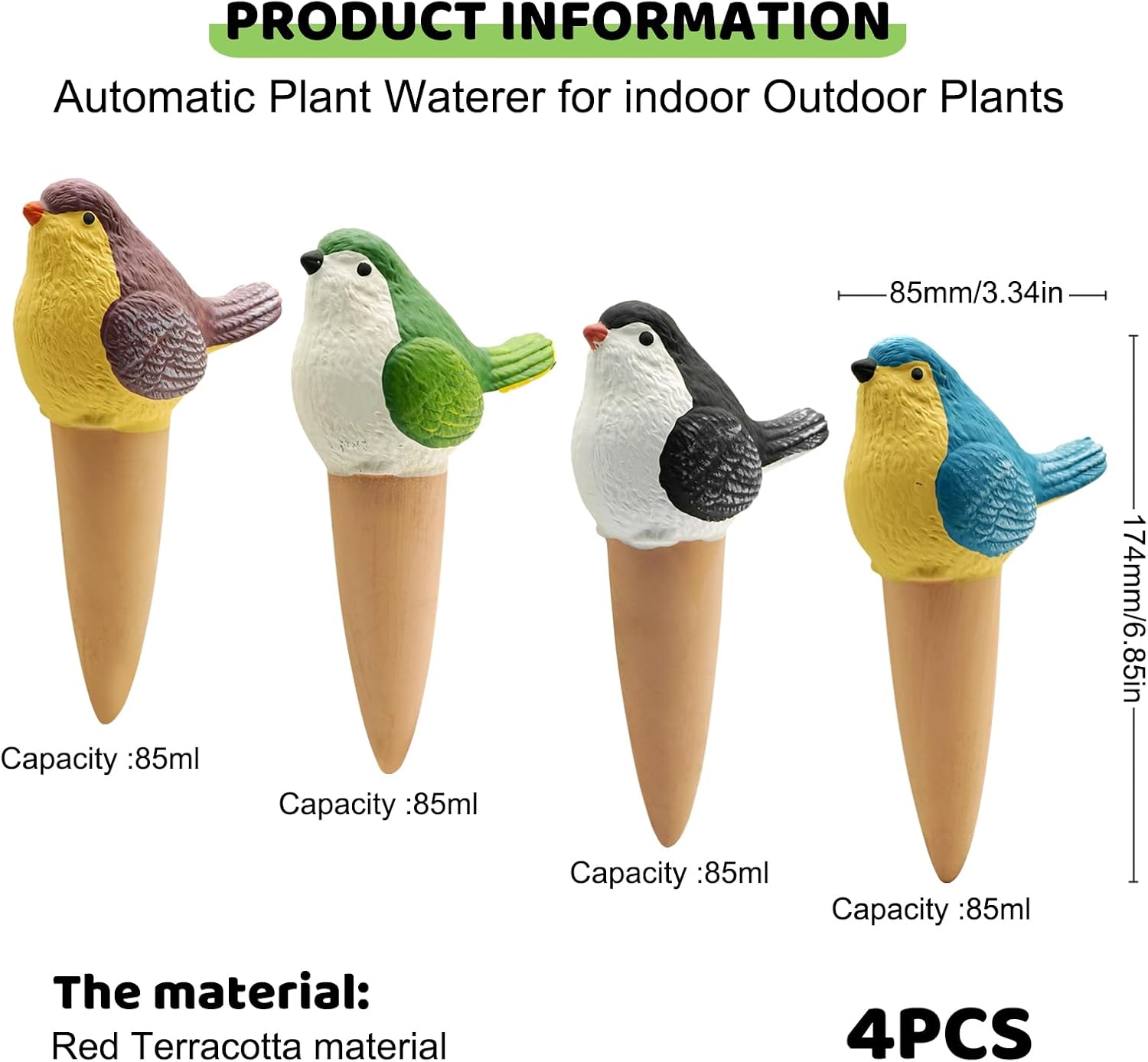 Plant Terracotta Self Watering Globes, Handmade Clay 4 Pack for Vacation | Bird-shaped handmade clay. Holds 3.2oz