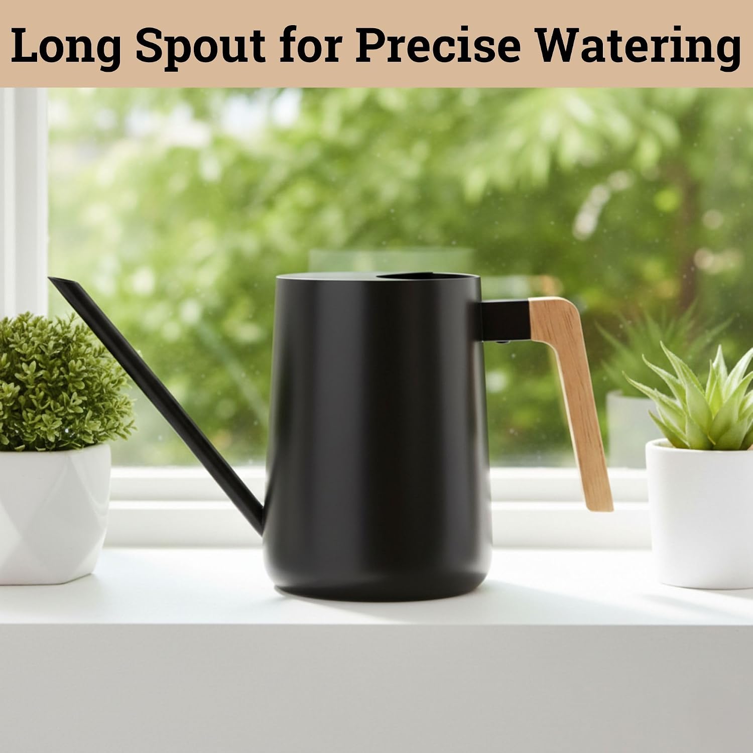 Metal Small Indoor Watering Can with Long Spout & Real Wood Handle, 35oz | Long Spout, Stainless Steel, Real Wood