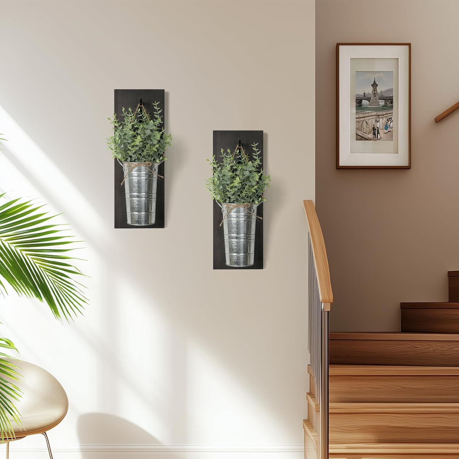 SHOHAYTO Farmhouse Wall Decor Set of 2 - Wood Hanging Planters with Artificial Eucalyptus, Rustic Vertical Pocket Vases
