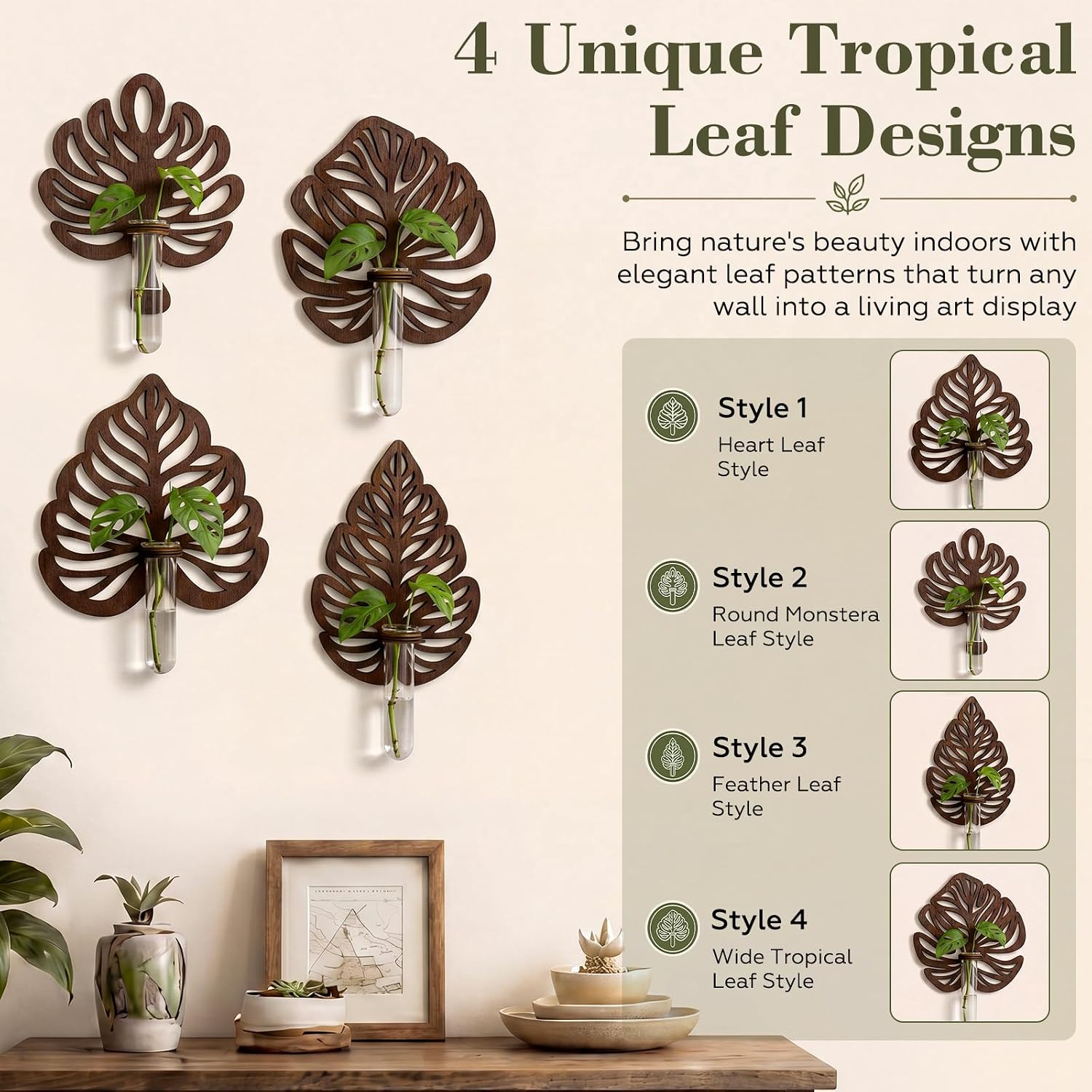 4 Sets Wooden Monstera Leaf Wall Mount, Leaf Shaped Hanging Wall Planter Terrarium Propagation Stations for Plants with