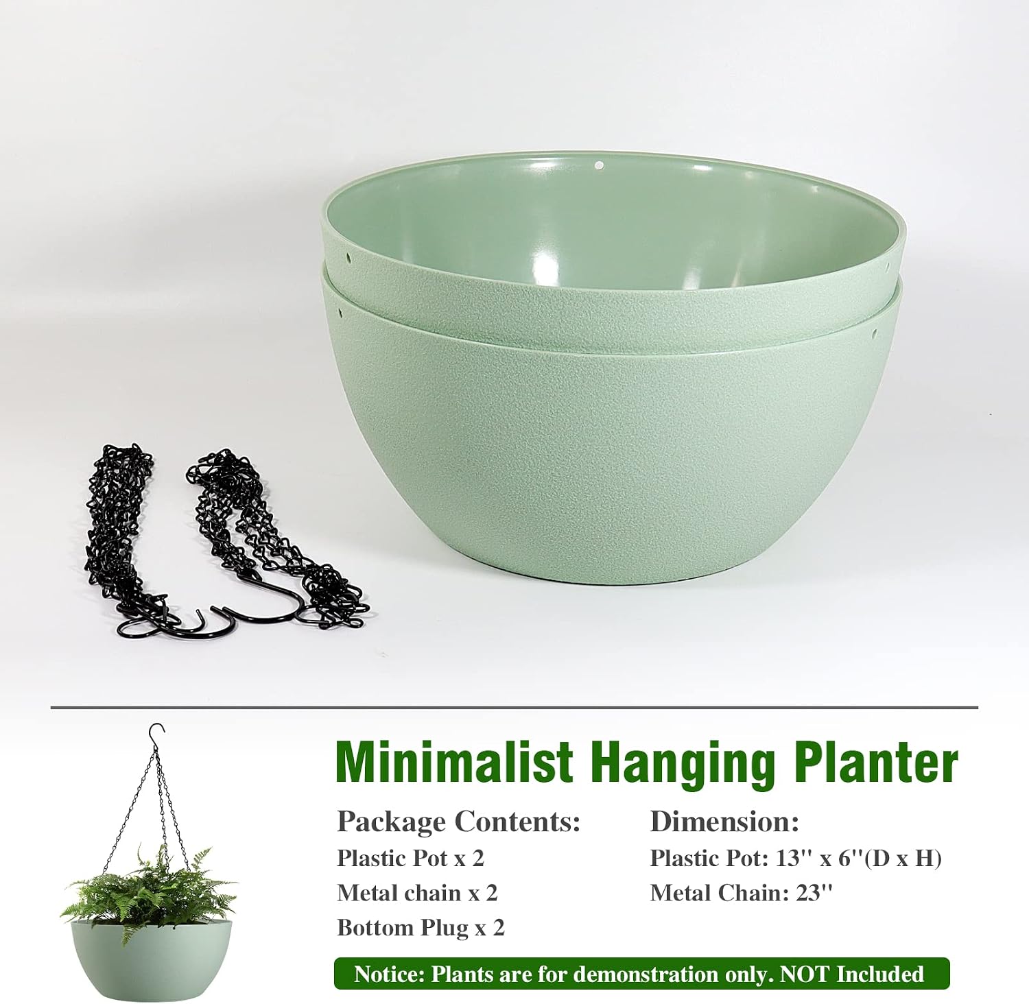 WOUSIWER 13 inch 2 Pack Large Hanging Planters for Indoor Outdoor Plants with Drainage Holes and Chain, Round Hanging