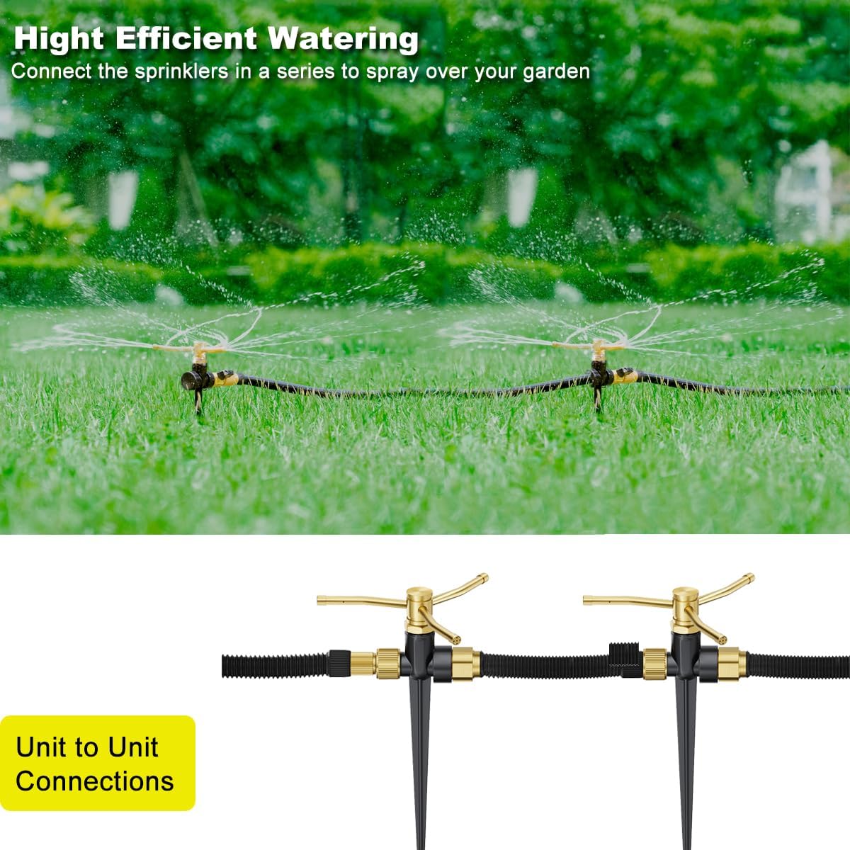FANHAO 2 Pack Metal Lawn Sprinklers with Spike Base, Heavy Duty Automatic Rotary Garden Sprinkler System, 3-Arm Water