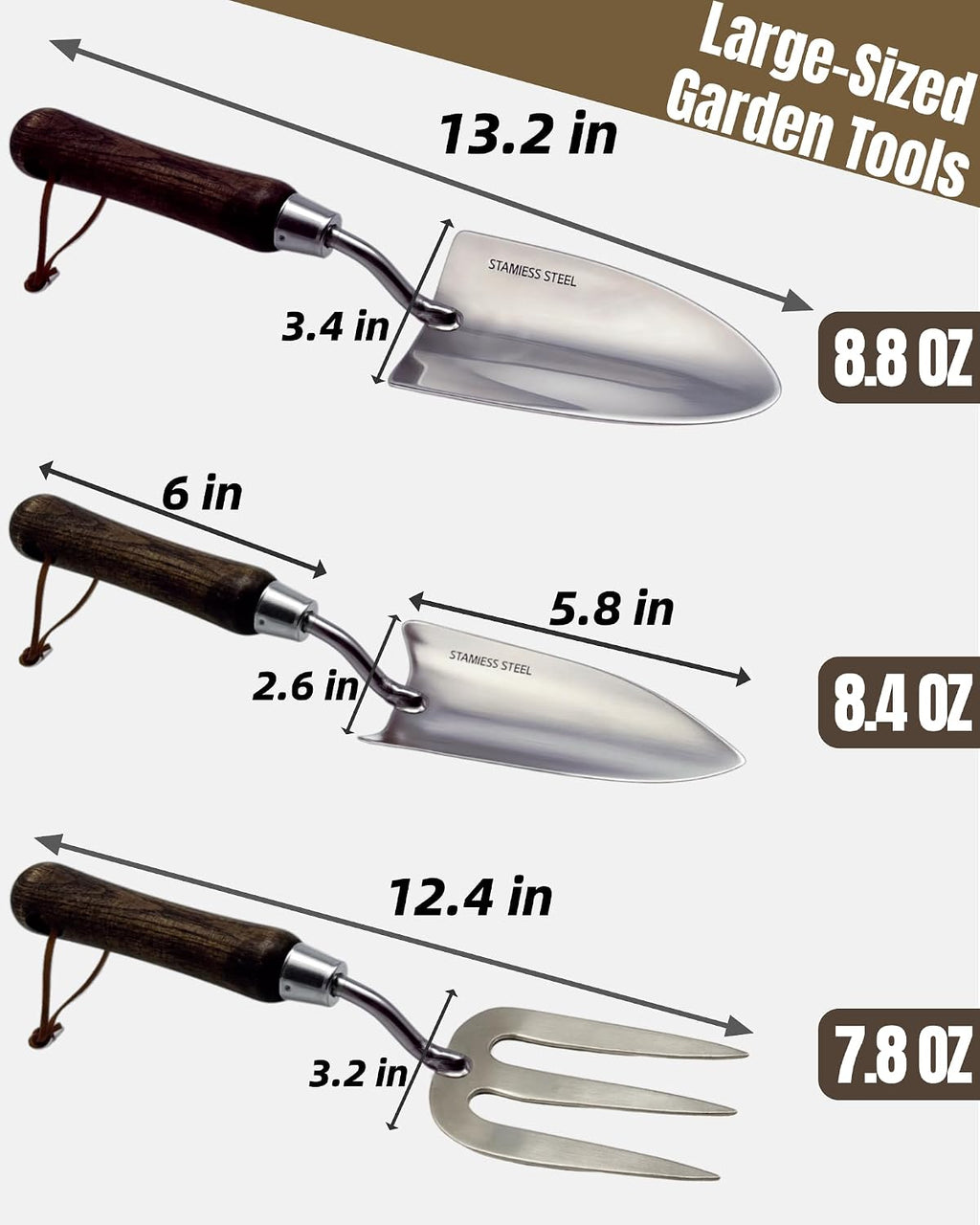 Garden Tool Set, 6PCS Heavy Duty Stainless Steel Gardening Hand Tools with Ropes, Includes Hand Cultivator Shovel