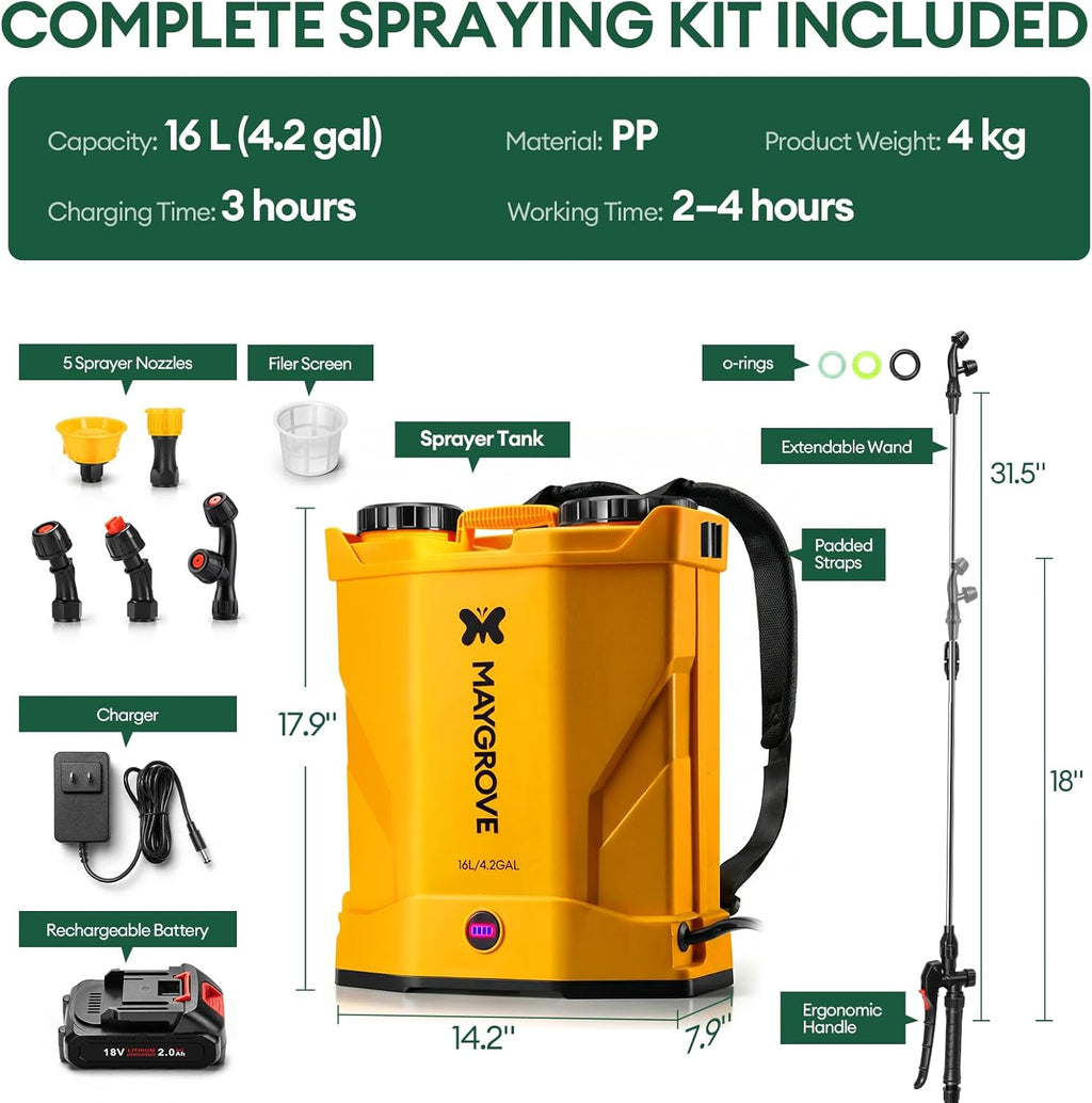 Maygrove 4.2 Gallon Battery Powered Backpack Sprayer | Up to 100 PSI Electric Sprayer with Adjustable Wand & 5 Nozzles