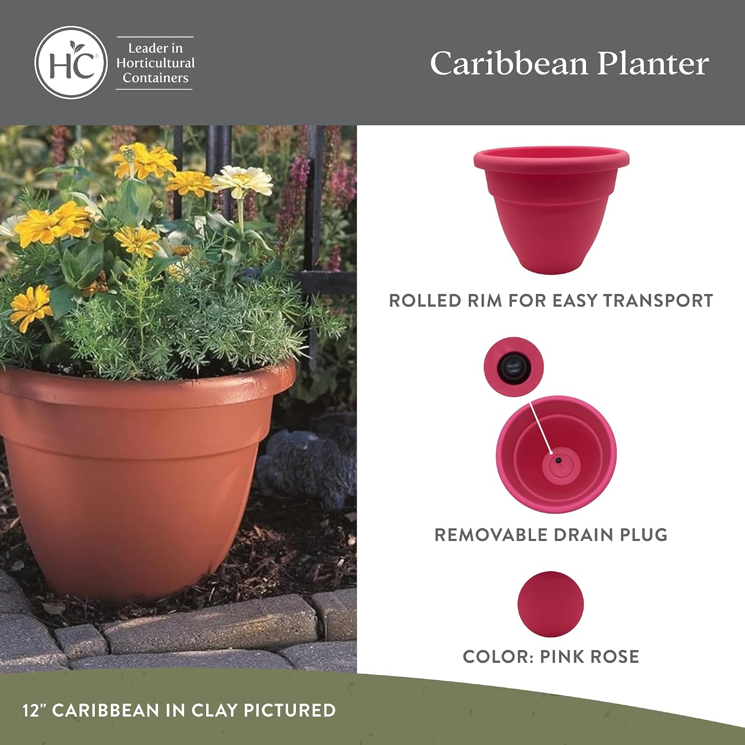 The HC Companies Caribbean Planter Pot - Outdoor & Indoor Plant Pot with Drainage Hole & Plug - Rolled Rim Plastic Pots