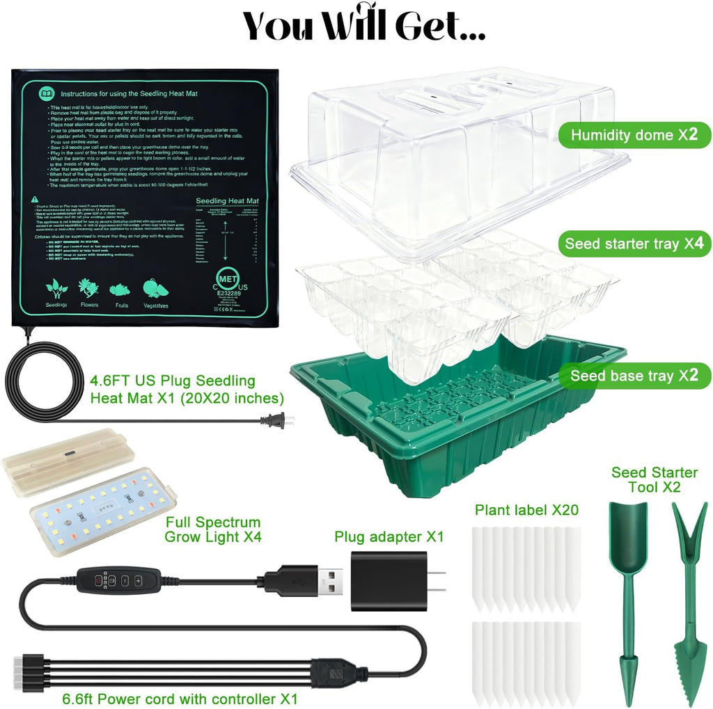 Seed Starter Trays with Grow Lights and Heat Mat, 2 Pack for Seed Starting | Seed Starter Kit with Humidity Dome and