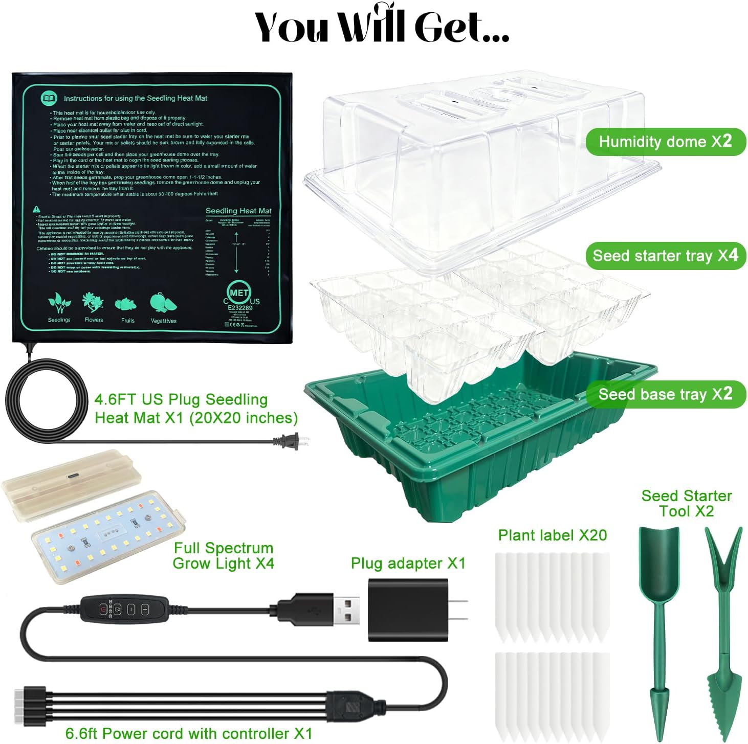 Seed Starter Trays with Grow Lights and Heat Mat, 2 Pack for Seed Starting | Seed Starter Kit with Humidity Dome and