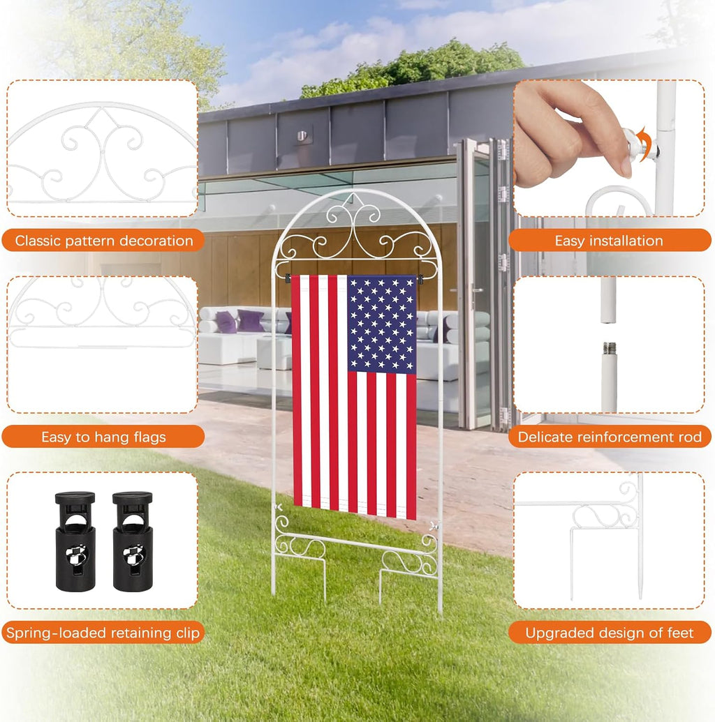 Liitrton Garden Flag Holder Stand Fits Max 14" x 25" Outside Flags, White | Yard Flag Holder | Decorative Metal Garden