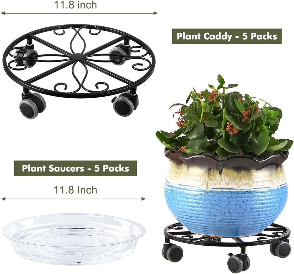 5 Pack Plant Caddy with Wheels Heavy Duty 11.8 Inches Metal Plant Stand with Wheels Plant Dolly Rolling Plant Stand