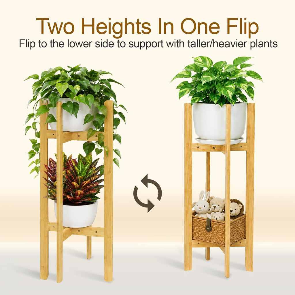 35.4” 2 Tier Bamboo Adjustable Tall Plant Stand Indoor Fits 5-12 Inch Pots | Heavy Duty ,Space-Saving ,Sturdy Corner