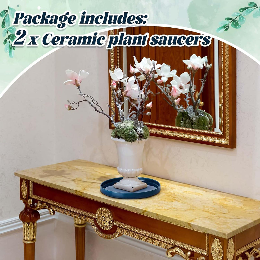 2 Pcs 10 Inch Ceramic Plant Saucer Outdoor Indoor Plant Tray Round Flower Pot Drip Trays Blue Flower Drainage Glazed