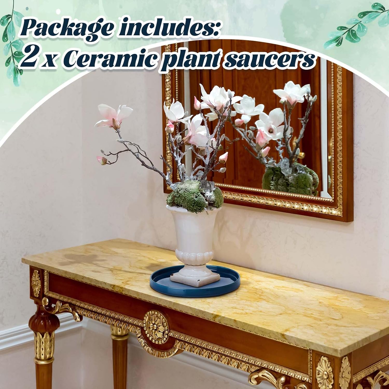 2 Pcs 10 Inch Ceramic Plant Saucer Outdoor Indoor Plant Tray Round Flower Pot Drip Trays Blue Flower Drainage Glazed