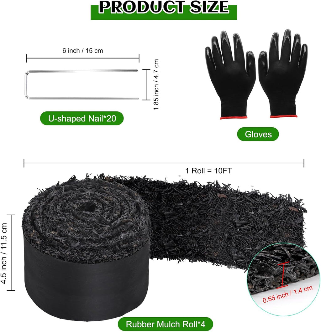 4 Rolls 10FT Rubber Mulch Roll, Black Landscaping Mat for Weed Control | Cuttable Recycled Rubber Border Edging